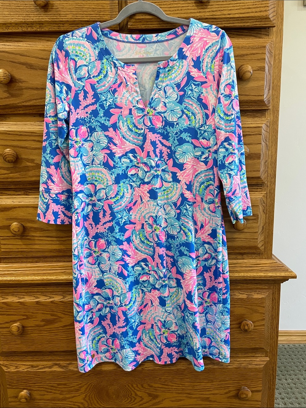 Lilly Pulitzer M Blue & Pink Floral Long Sleeve Dress Spandex-like Fabric